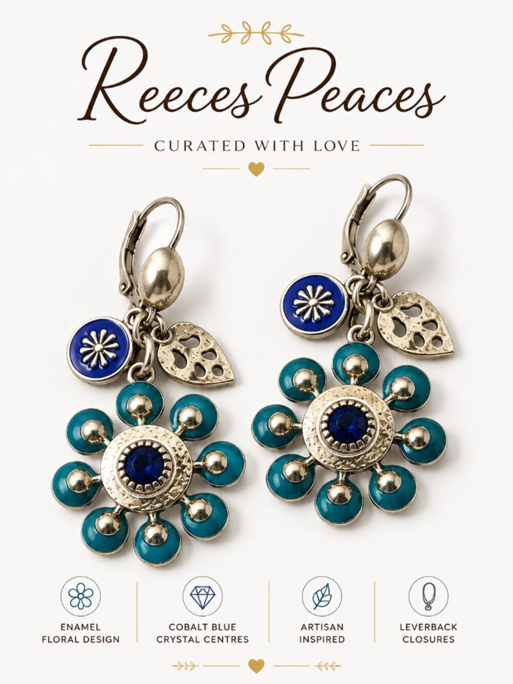 Teal Enamel Floral Statement Earrings | Cobalt Blue Crystal